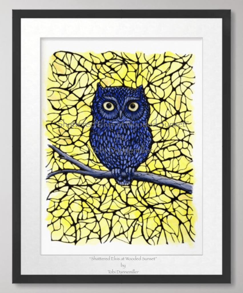 A image of a Tobi Dannemiller painting of a Blue Screech Owl with glowing eyes. The background looks like a spidery wilderness with yellow contrast